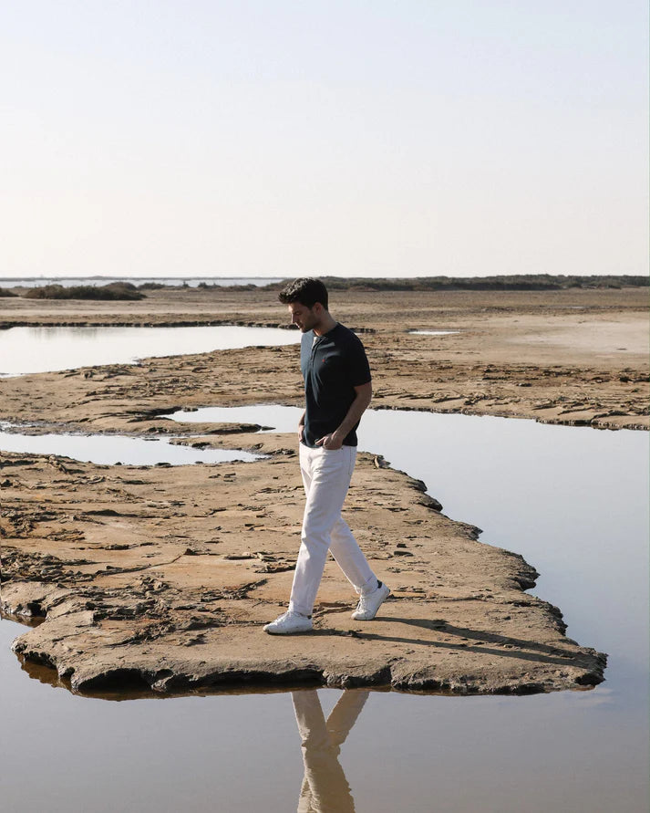 Tee-shirt Coton bio Clovis Col Henley - Bleu