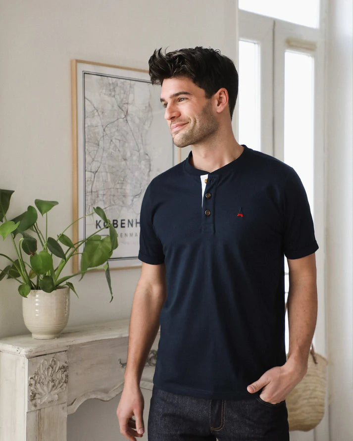 Tee-shirt Coton bio Clovis Col Henley - Bleu