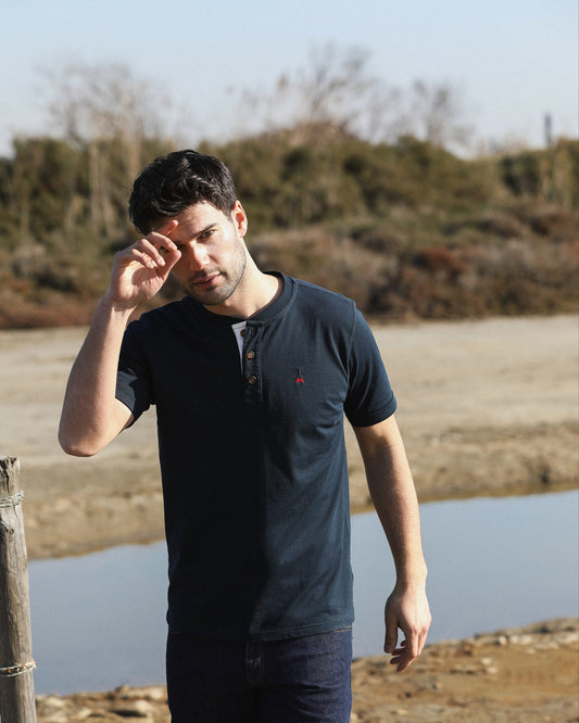 Tee-shirt Coton bio Clovis Col Henley - Bleu