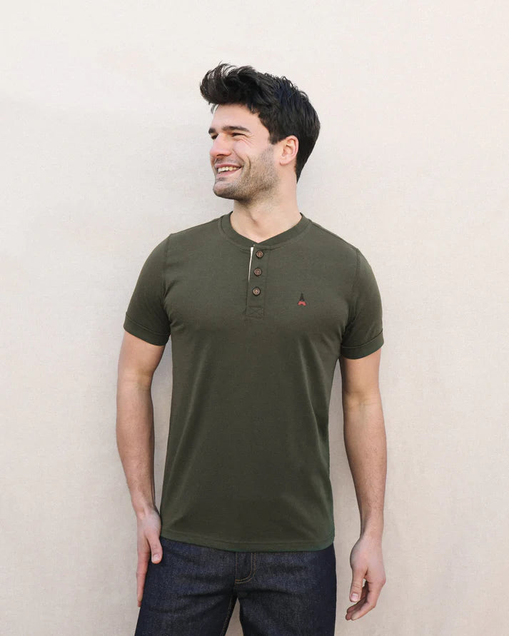 Tee-shirt Coton bio Clovis Col Henley - Vert Kaki